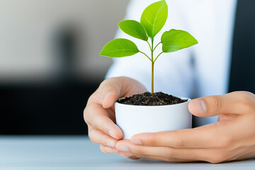 Close-up of hands holding a small plant in soil. Concept of zero carbon development, zero carbon.