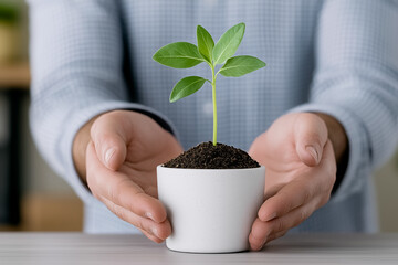  Man's hand holding a small plant in a pot. Concept of zero carbon development, zero carbon. Concept of zero carbon development, zero carbon.