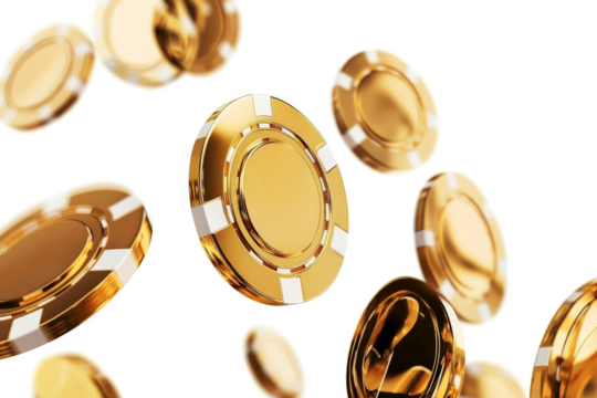 gold coins falling from the top cutout image and isolated on transparent background 