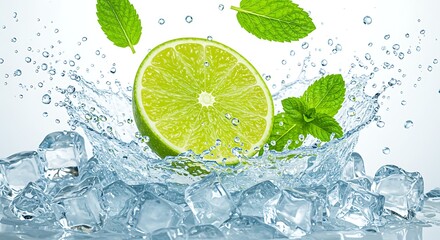 A lime slice splashing into ice cubes with mint leaves, evoking the crisp, fresh essence of citrus drinks, hydration, and tropical cocktails.