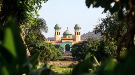 A grand ornate building framed by lush green foliage and trees
