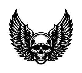 Monochrome Vector Graphic Illustration of a Skull with Wings Flanking the Sides in Detailed Design