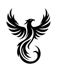 Fototapeta premium Black and white drawing of phoenix with wings spread and flowing tail, vector illustration