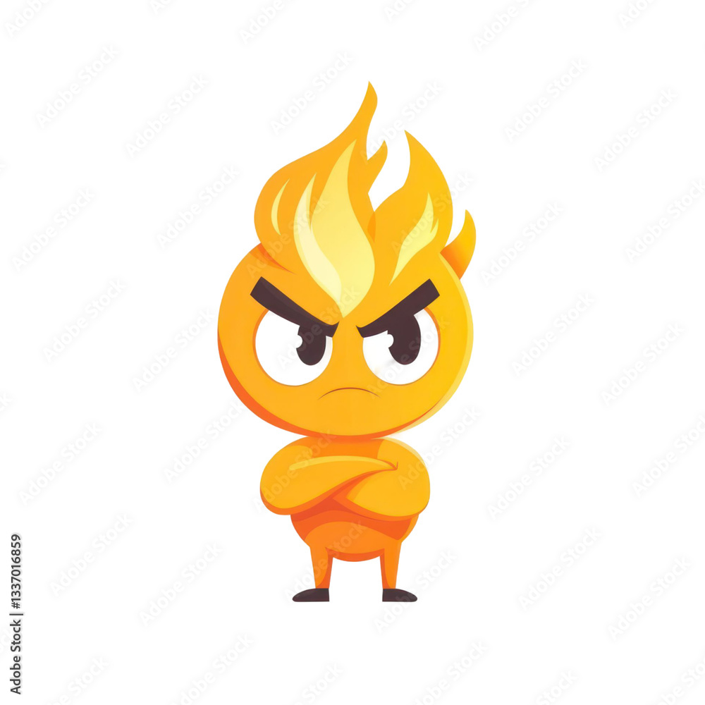 Poster cartoon character of an orange flame with an angry expression and arms crossed. isolated on a transp