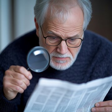 Elderly Man Holding Magnifying Glass While Reading Newspaper Due to Farsightedness and Aging Vision Problems