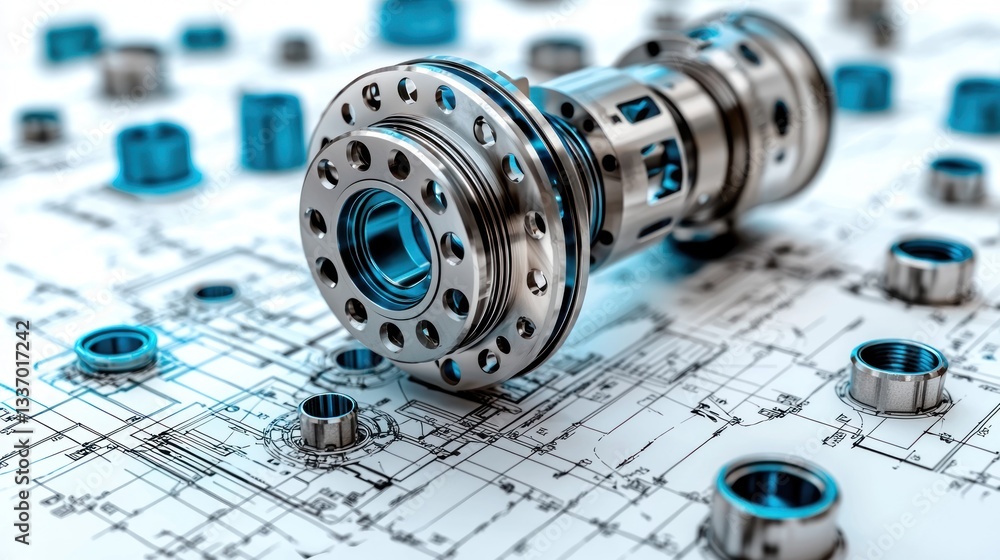 Poster precision blueprint with modern mechanical components and technical drawing details