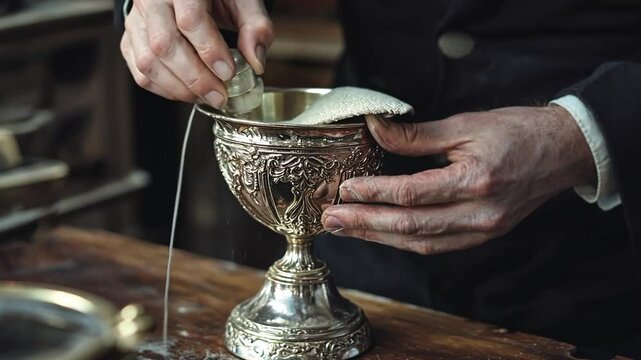 Craftsman meticulously polishing vintage silver goblet with ornate detail close-up