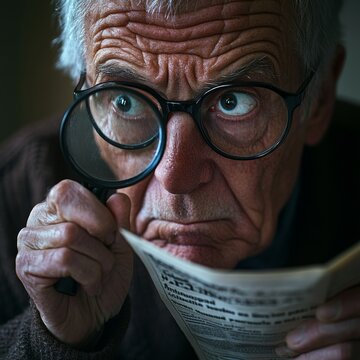 Elderly Man Holding Magnifying Glass While Reading Newspaper Due to Farsightedness and Aging Vision Problems