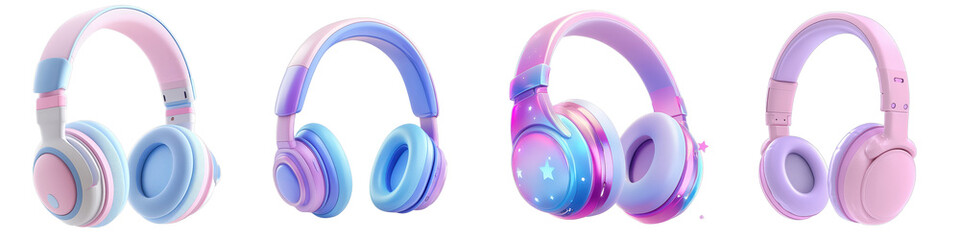 Colorful headphones in various colors arranged on a white background isolated on white or transparent