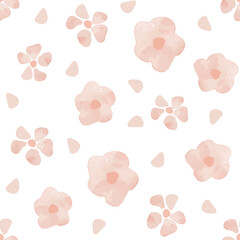 Seamless Watercolor Peach Floral Pattern - Soft Hand-Painted Pink Flowers and Petals on White Background