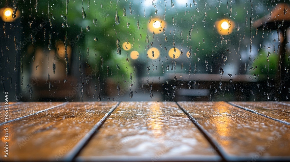 Poster raindrops glisten on the surface of a wooden table as gentle rain falls, creating a tranquil atmosph