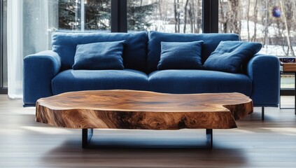Modern living room with a rustic coffee table and blue sofa