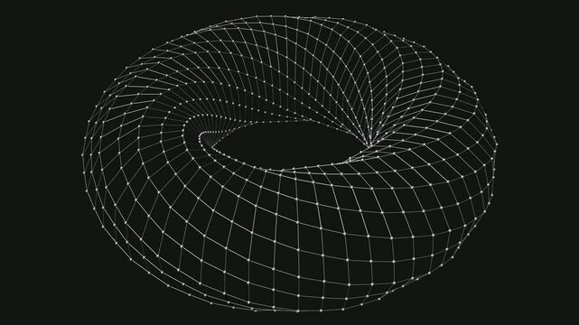 Abstract futuristic wireframe torus shape with grid on black. Concept for technology and science.