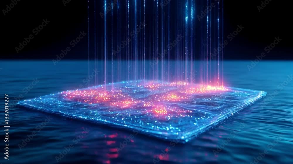 Poster floating holographic beams of light create interactive interface with vibrant data streams and