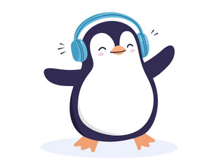 Fototapeta premium Cartoon penguin wearing blue headphones dancing with closed eyes on white platform with dark background