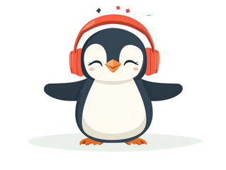 Obraz premium Cheerful cartoon penguin with orange headphones dancing against transparent backdrop. Joyful bird with outstretched wings and closed eyes on a white surface