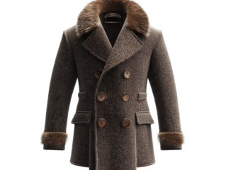 A brown tweed coat with fur collar and cuffs displayed on a Transparent Background