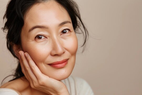 Happy asian woman in 40s having skincare spa day face dimples female.