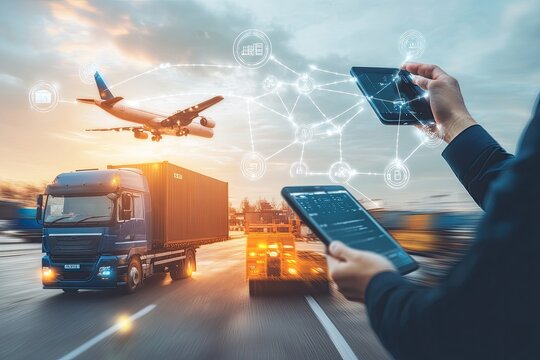 Global logistics network visualized via digital tablets, showing air and road freight transport integration