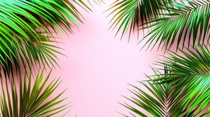 Tropical palm leaves frame on a pink background