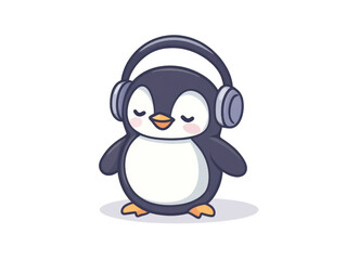 Fototapeta premium Cartoon penguin with closed eyes wearing headphones listening to music on a transparent background
