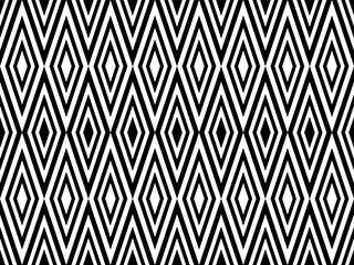 A black and white geometric pattern featuring repeating diamond shapes, creating a visually striking and rhythmic design.