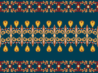 A decorative pattern featuring ornate floral designs in gold and red against a dark background.