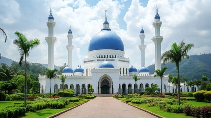 A grand white and blue mosque stands in a vibrant garden