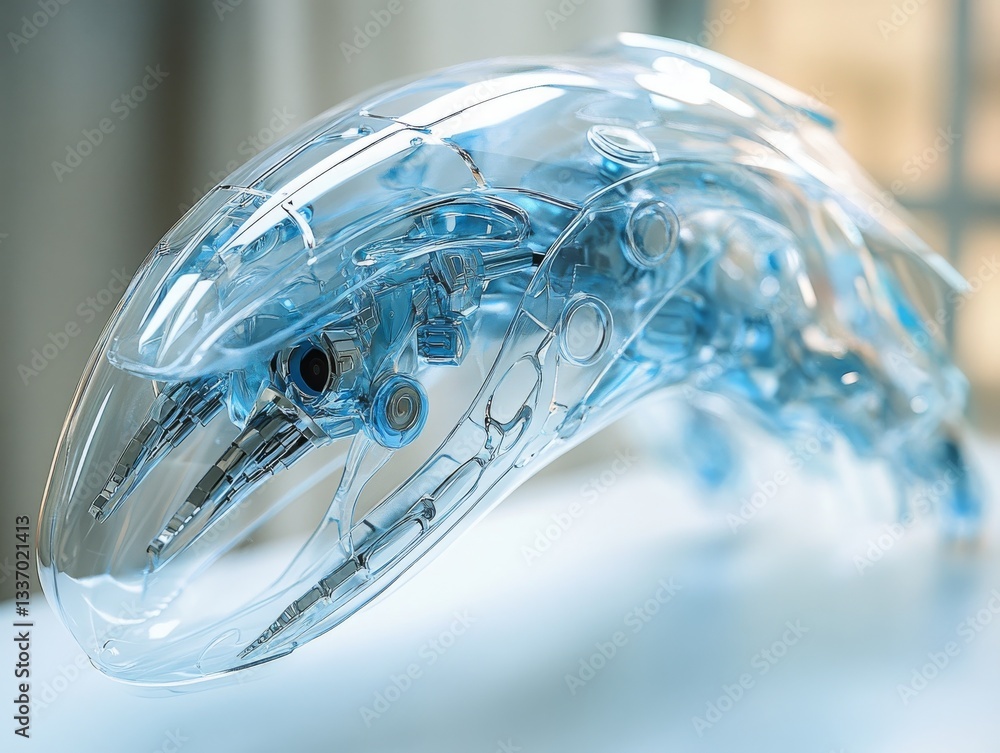 Poster a futuristic glimpse: transparent robotic arm structure revealing intricate mechanics and innovative