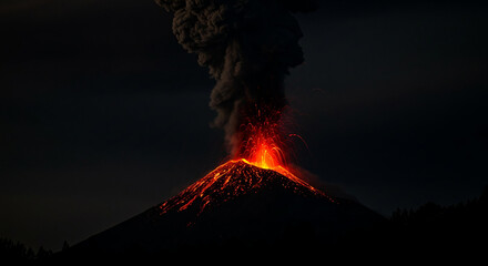 Night Eruption Volcano Spewing Lava Ash and Smoke at Night