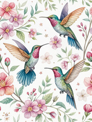 Hummingbirds & Blooming Flowers | Seamless Watercolor Pattern