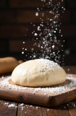 Fototapeta premium Sprinkling flour on fresh dough for baking delicious bread