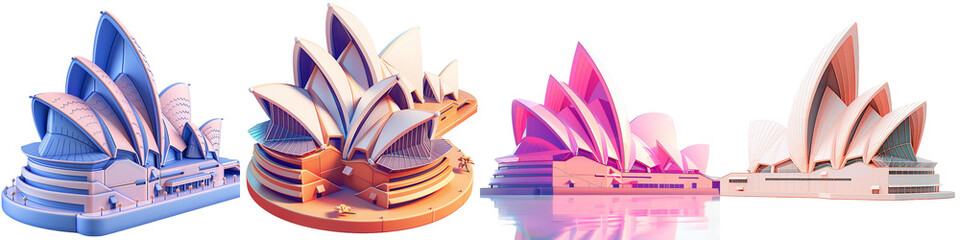 Various renderings of landmark architecture with vibrant, contrasting colors on a white background isolated on white or transparent