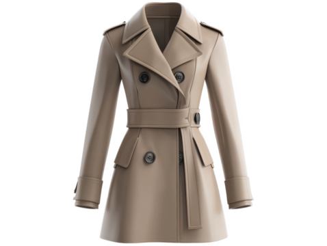 A digitally rendered tan trench coat with a belt on a Transparent Background