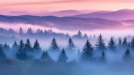 Obraz premium Misty Morning in the Mountains with Tall Pine Trees and Rolling Fog, Evoking Renewal and Connection with Nature