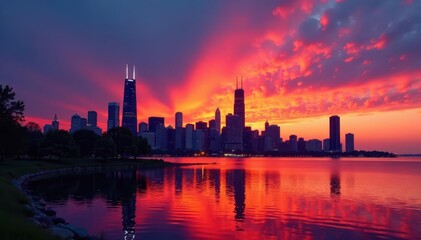 Fototapeta premium Fiery sunset paints Chicago's towers, lake serene, landscape, colors, light