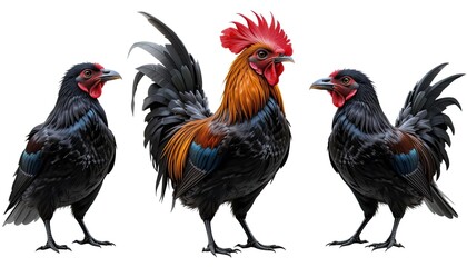 Isolated Rooster bantam crows on a white backdrop
