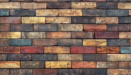 Multicolored wooden brick wall showing various natural colors and textures