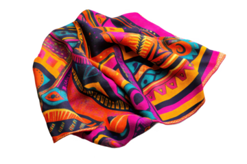 A brightly colored and patterned scarf is crumpled on a Transparent Background