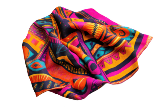 A brightly colored and patterned scarf is crumpled on a Transparent Background