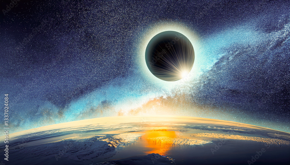 Poster aquarius constellation illuminated by a solar eclipse over the horizon at twilight