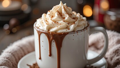 A hot chocolate mug topped with whipped cream.  The mug's side is dripping with whipped cream.  The picture is warm and inviting, making it ideal for a chilly winter day.
