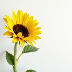Single sunflower, vibrant yellow, white background, stem, photo