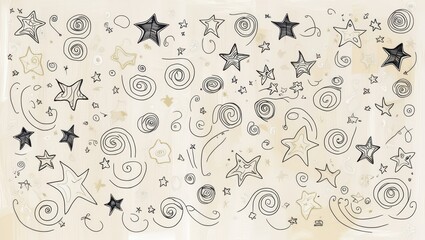 Whimsical Hand Drawn Stars and Swirls Background Beige and Black Doodle Pattern Abstract Art Design
