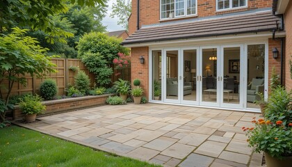 Gorgeous bifold doors, a lovely lawn, and an Indian sandstone patio

