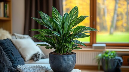 A decorative indoor potted plant is placed near a sofa