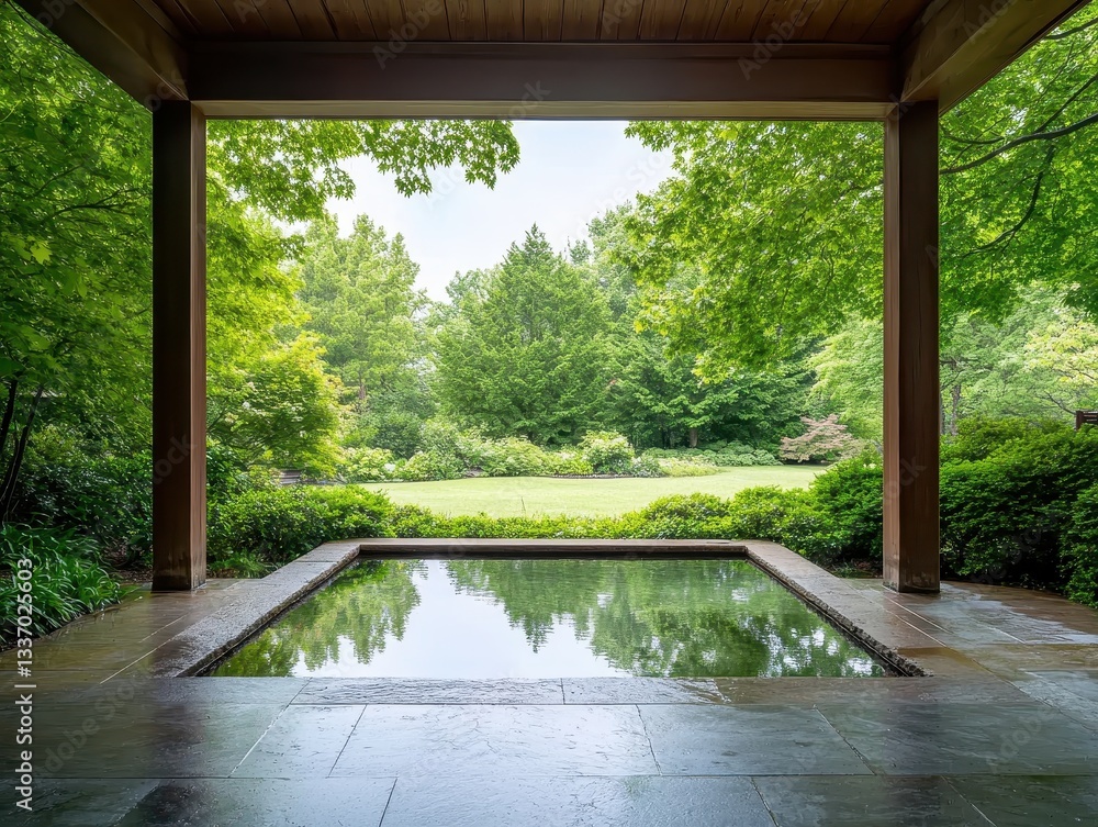 Poster serene garden view from a modern structure with a reflecting pool and lush greenery