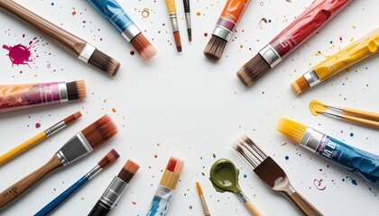 Brushes and tubes of colorful paint on a spotless white background.  Vector flat isolated