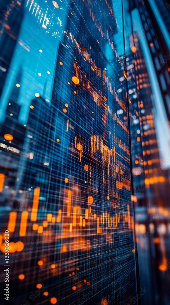 Poster A dynamic hologram graph showcases fluctuating financial data against the backdrop of towering city buildings. Neon lights enhance the lively atmosphere, reflecting innovation