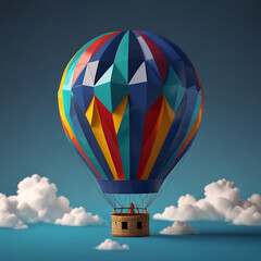 Fototapeta premium 3D rendering of a polygonal hot air balloon floating against a blue background, showcasing a modern geometric design
